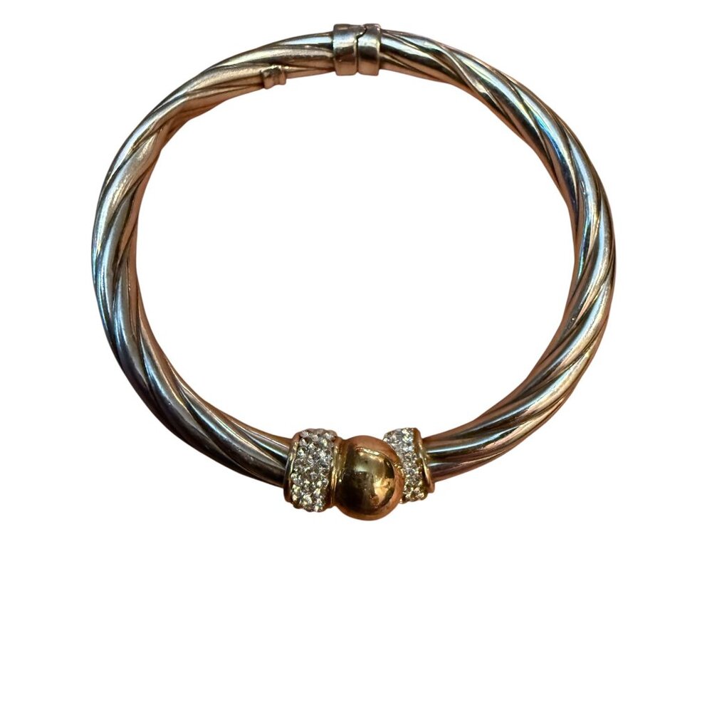 Sterling Silver & 14K Gold Filled Twisted Cable Rhinestone Bangle Bracelet